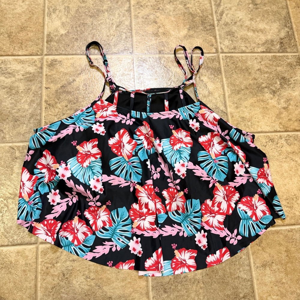 SHEIN 4XL Womens Tropical Floral Flounce Tankini Top Black Hibiscus Ladder Back